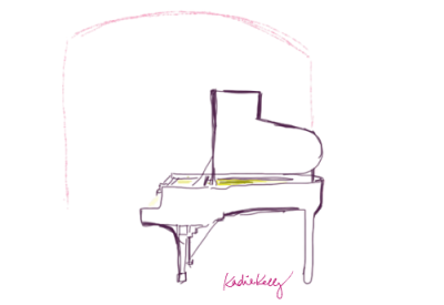 sketch of an open grand piano under an archway