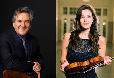An image of Sir Antonio Pappano next to an image of Janine Jansen holding her violin