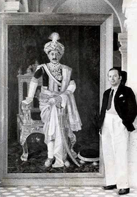 Fritz-Munich in front of his portrait of the Maharaja of Morvi at Darbargadh Palace, Gujarat in 1936