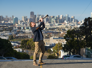 Brenden Guy and clarinet atop a San Francisco hill Photo by Kristen Loken