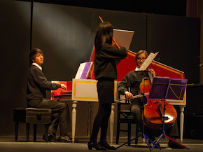 Matias Cuevas (harpsichord) and Jessamyn Fry (cello) will be on the tour; sixth-grader Ellie Kanayama (violin) will have to wait until 2015 Photo by Geoffrey Biddle