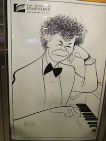 Hirschfeld's iconic portrait of Getty served as a poster outside Davies Hall Photos by Janos Gereben