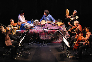 Kronos Quartet with Afghani musician Homayun Sakhi (center) at the premiere of Sakhi's <em>Rangin Kaman</em> (Rainbow) at Yerba Buena Photo by Rachel Bleckman