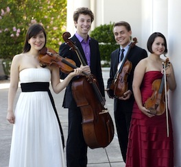 Music@Menlo International Program artists Miki-Sophia Cloud (violin), Michael Kaufman (cello), Matthew Lipman (viola), and Nicole León (violin) 