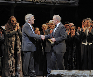 Robertson received the San Francisco Opera Medal from General Director David Gockley; Music Director Nicola Luisotti, right, applauding, on the <em>Attila</em> set