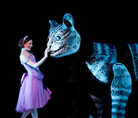 Sarah Lamb (Alice) and the Cheshire Cat in the Royal Ballet production of <em>Alice's Adventures in Wonderland</em> Photos by Johan Persson