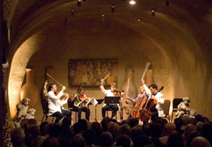 The Pacifica Quartet and guests in the Cave Theater at the Clos Pegase winery in Calistoga<br>Photo by Chick Harrity