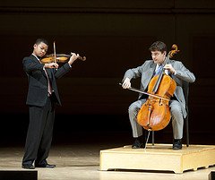 Randall Goosby on violin and Gabriel Cabezas on cello at the Sphinx Virtuosi competition at Carnegie Hall