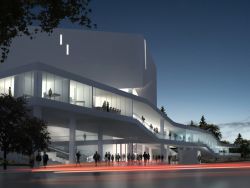 Rendering of exterior along Font Boulevard<br/>Images by Michael Maltzan Architecture 