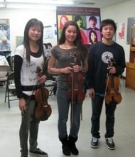 Tiffany Shen, Sheena Rogers, and<br>Timothy Yu at an El Camino Youth<br>Symphony "progress check"<br>Photo by Jeff Kaliss