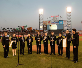 SFS principal trumpet Mark Inouye (third from right) and his S.F. Conservatory students played the National Anthemn in AT&T Park