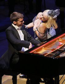 Pianist Peter Dugan and (lap)dancer Kiva Dawson in the multimedia performance of George Antheil’s <em>A Jazz Symphony</em> in Miami Photo by Rui Dias Aidos