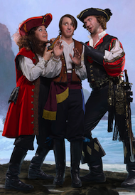 Deborah Rosengaus as Ruth, Samuel Faustine as Frederic, and Ben Brady as the Pirate King in <em>The Pirates of Penzance</em> Photo by David Allen