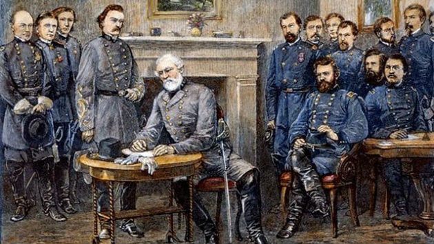 Confederate Gen. Robert E. Lee surrenders to Gen. Ulysses S. Grant at Appomattox Court House, Virginia, 1865 (Wood engraving based on an illustration by Alfred R. Waud, 1887)