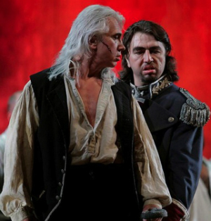 Dmitri Hovorostovsky, left, as Count di Luna, in San Francisco Opera's 2009 production of Verdi’s <em>Il Trovatore</em>, with Burak Bilgili as Ferrando  (Photo by Cory Weaver/San Francisco Opera)