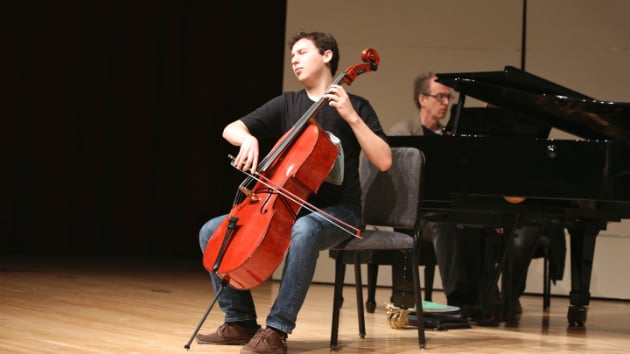 Cellist Oliver Herbert rehearses the Franck Sonata with pianist Timothy Bach, in preparation for the Klein Competition. (Photo by Scott Chernis)