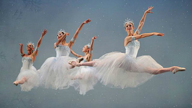 Dreaming of a white Christmas with S.F. Ballet's <em>Nutcracker</em>; in the air, left to right: Dores André, WanTing Zhao, Jennifer Stahl, and Kristina Lind (Photo by Erik Tomasson)