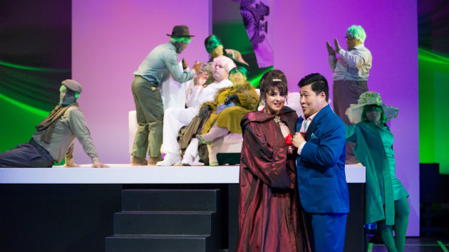 Amina Edris (Norina) and Soonchan Kwon (Ernesto) seen front, James Ioelu (Pasquale) being attended upstage (Photos by Kristen Loken)