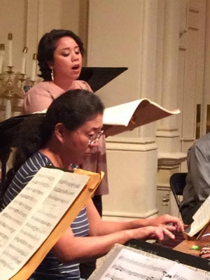Alto soloist Gabriela Estephanie Solis and organist Yuko Tanaka in rehearsal in St. Mark's Lutheran (Photo courtesy of the California Bach Society)