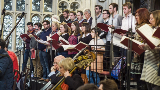 The Monteverdi Choir rehearses in Cambridge. England. The group performed L'Orfeo at Davies. (Photo by Nick Rutter)